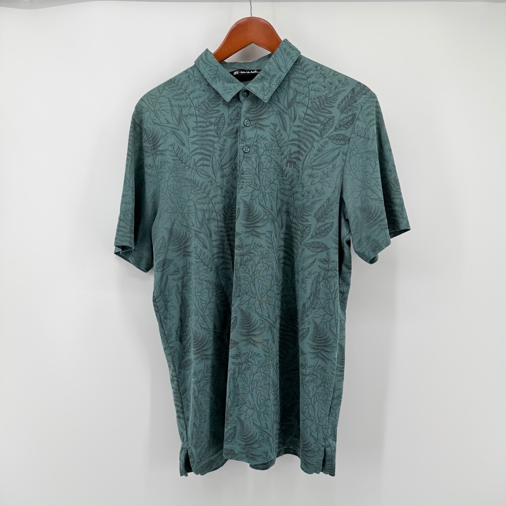 TravisMathew Hidden Falls Polo Shirt Mens Green Floral Fern Leaf Golf Pima Blend